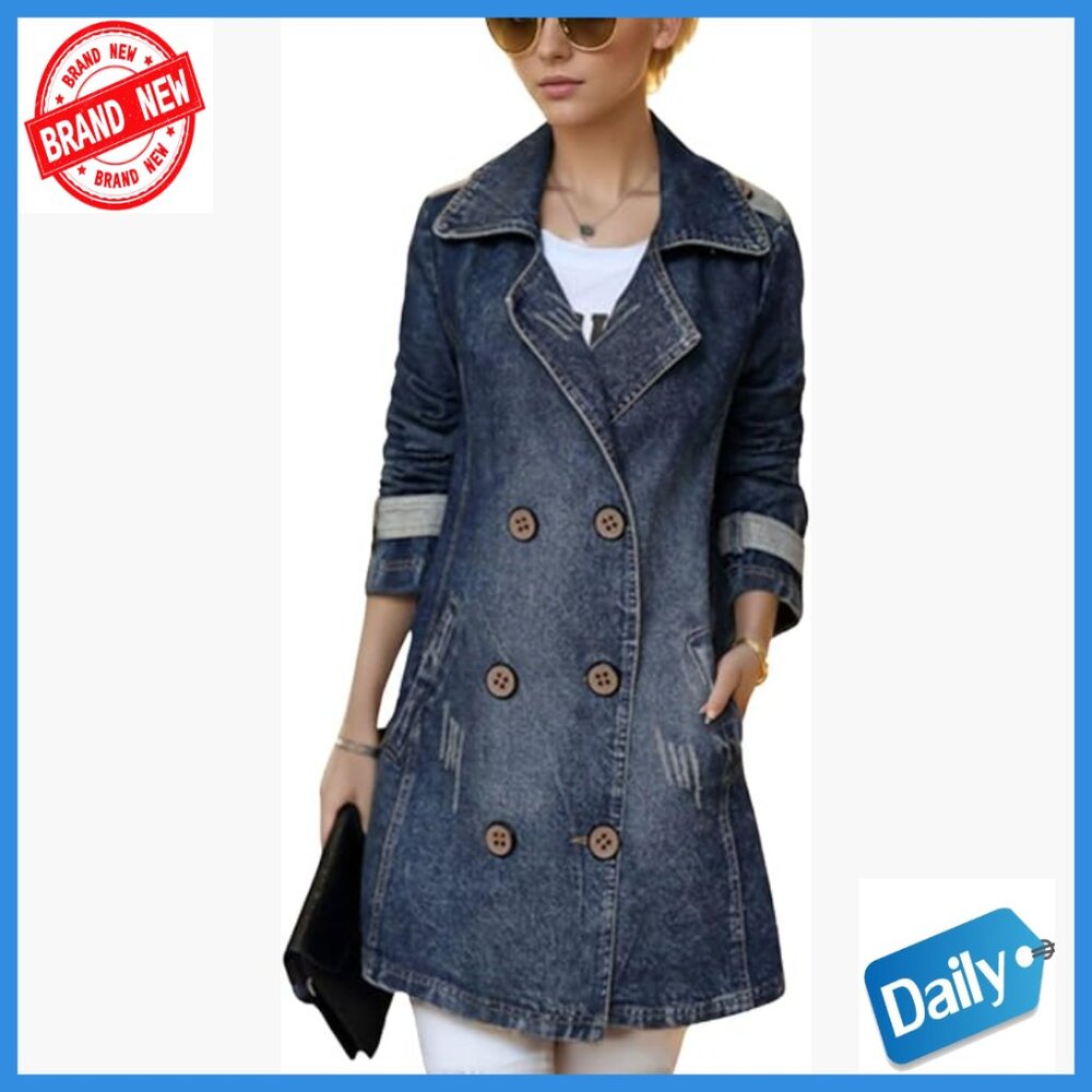 Mid Long Denim Trench Coat Slim Fit Double Breasted Ripped Jean Jacket